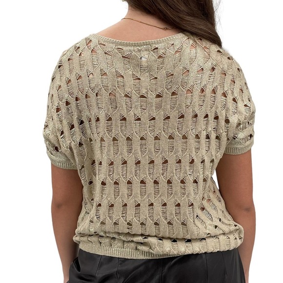 Chico's Short Sleeve Sweater Gold Shimmer Metallic Loose Knit 100% Cotton | 2 - Picture 5 of 11